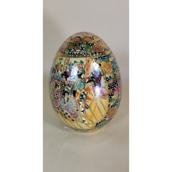 Vintage Chinese Satsuma Egg Geisha Girls Motif Hand Painted Moriage Porcelain 9" - Picture 6 of 9